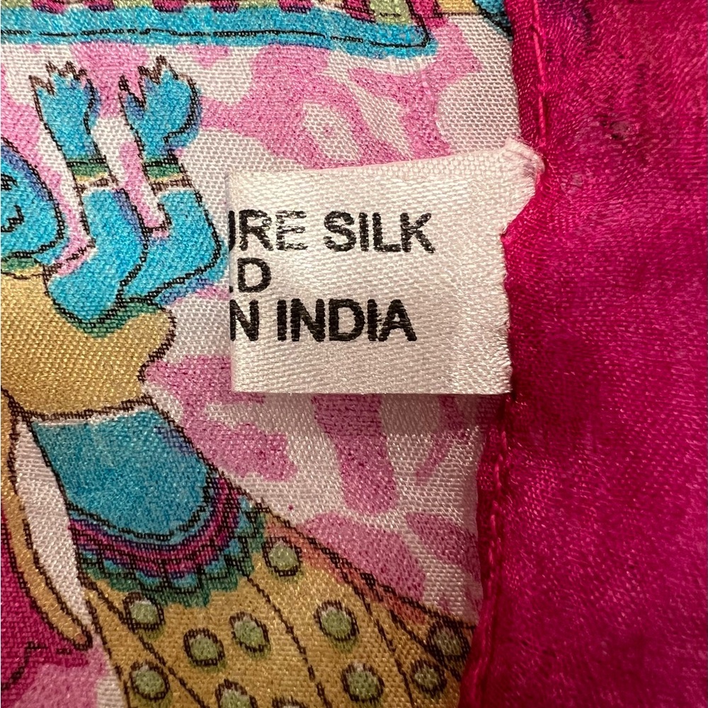Vintage Silk Scarf Elephants Horses Paisley Pink Made India 18” X 68” Rectangle - Picture 5 of 16